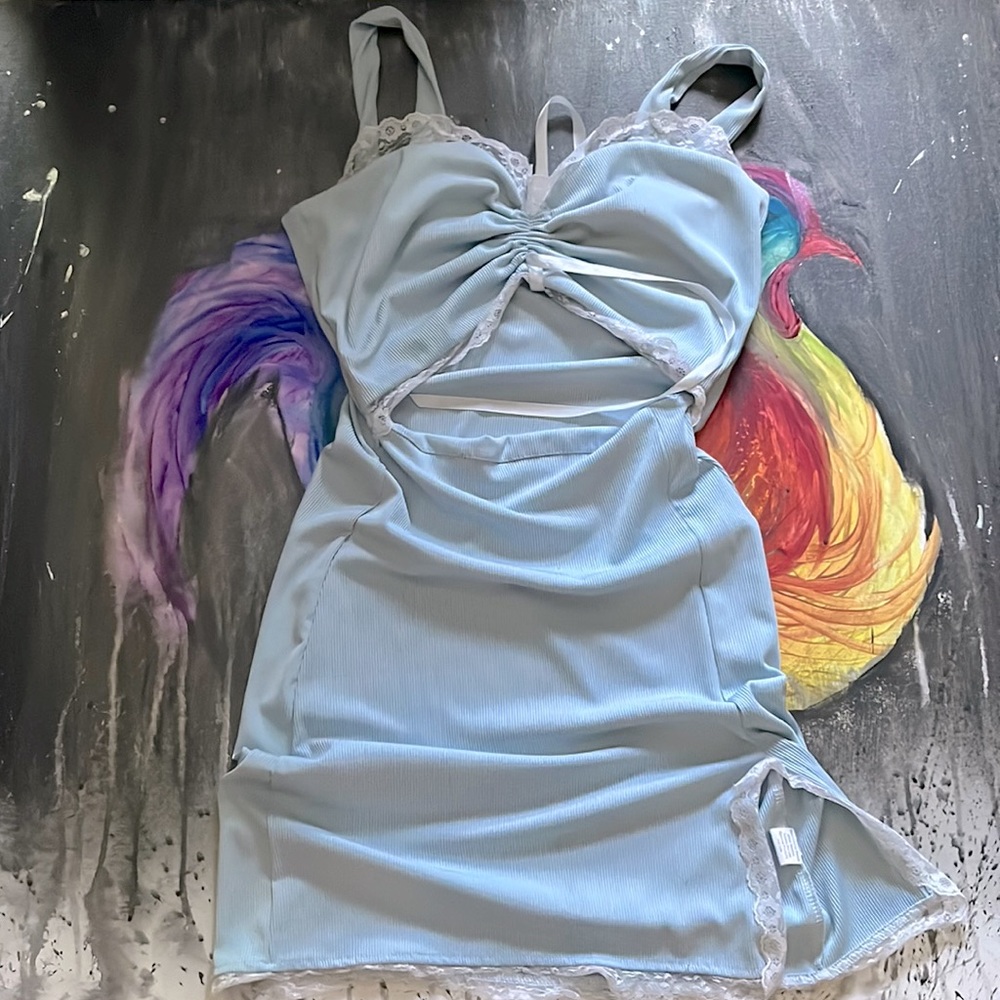 baby blue dress and white ribbon